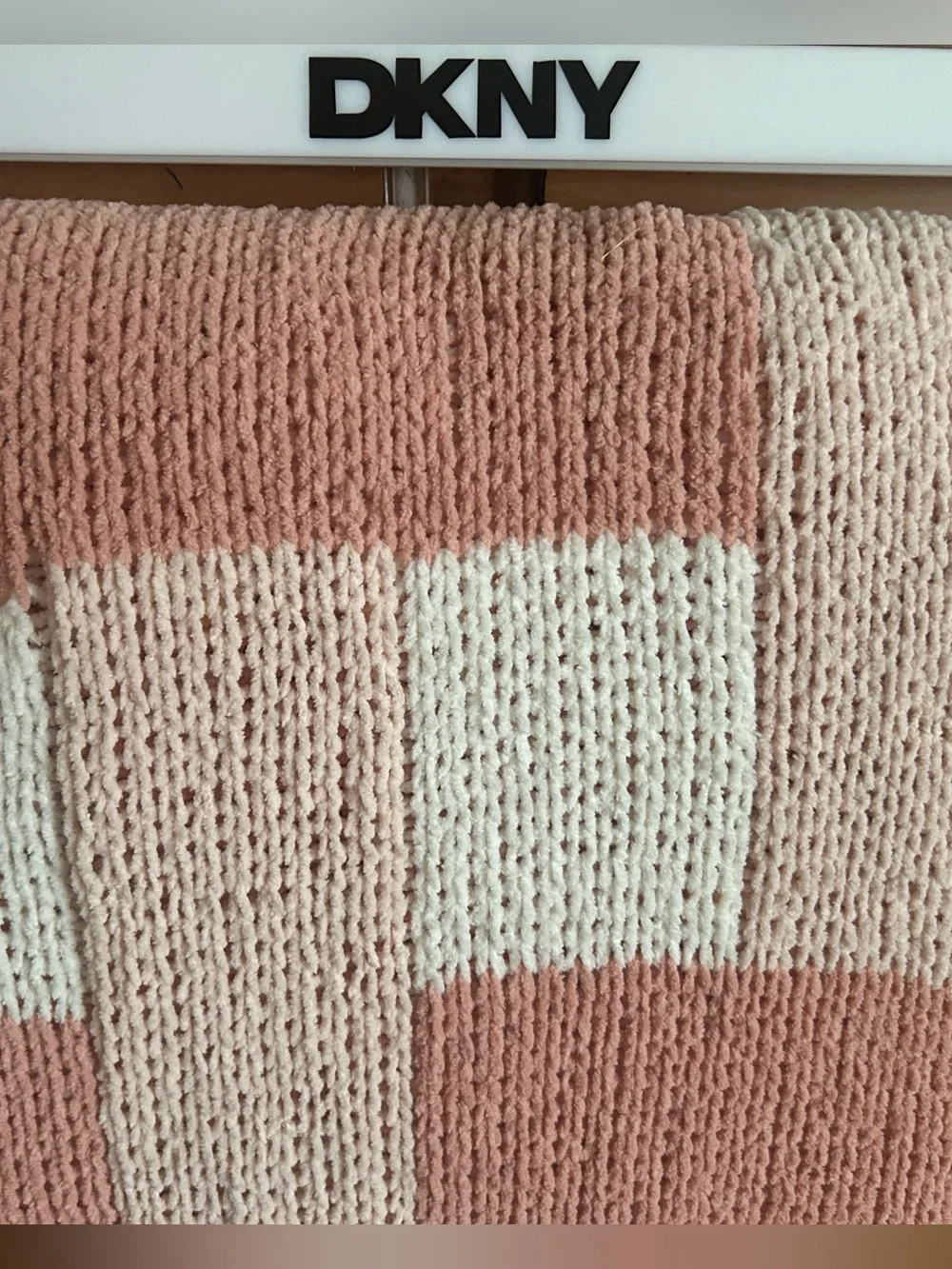 DKNY Pink and Cream Checker Knit Throw Blanket New With Tags